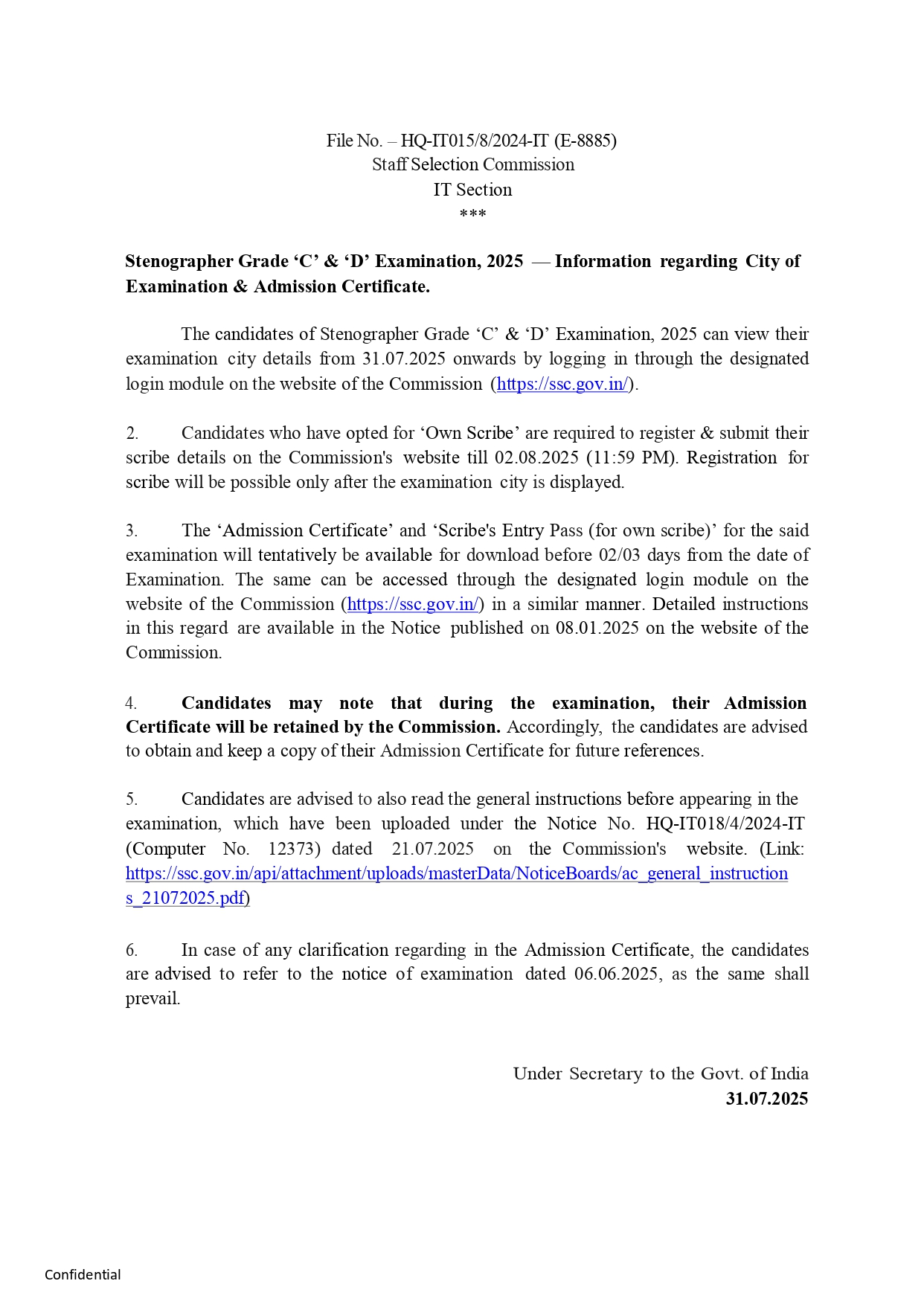 SSC Stenographer City Intimation Notice
